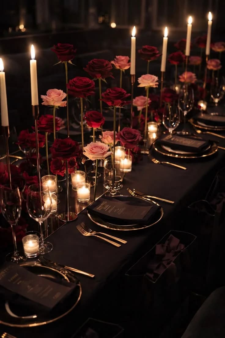 Black dinner table with roses and taper candles