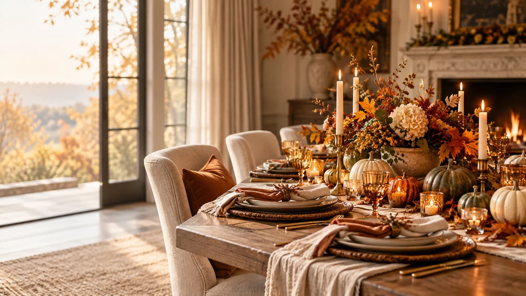 Candlelit autumn table with pumpkins, rust napkins and dried flowers