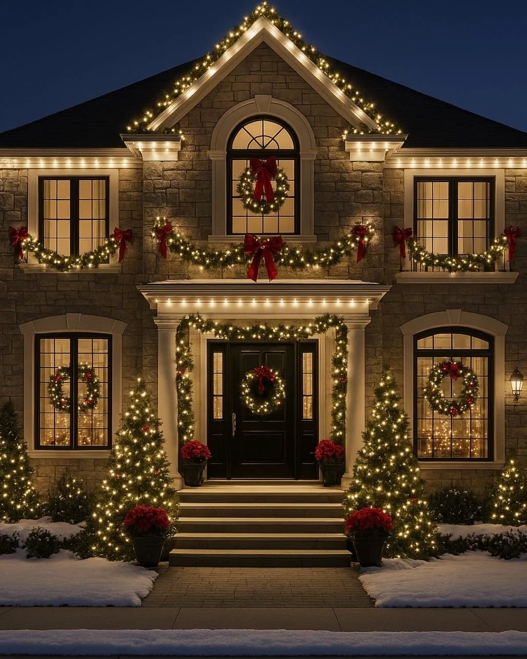 House entrance with Christmas wreaths and warm lights